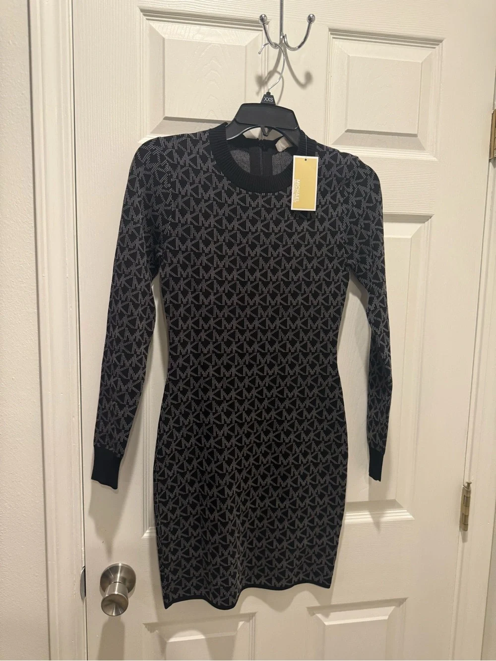 Michael Kors Black and Gray MK Logo Long Sleeve Knit Dress